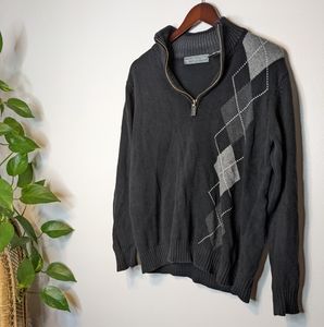 Oscar De La Renta 100% Cotton Argyle Quarter Zip Small S Black and Gray